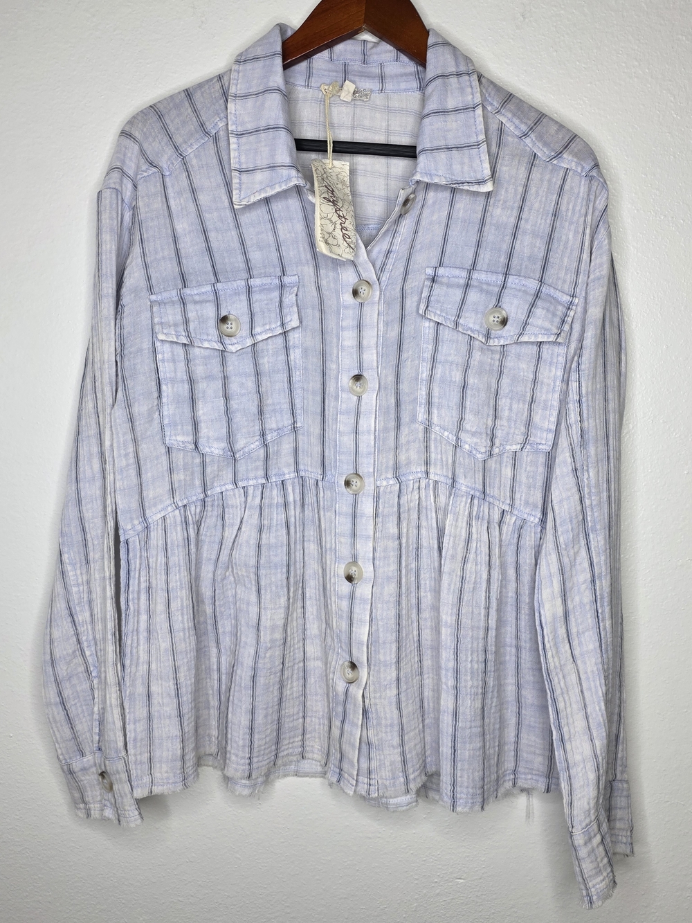 Mystree Blue Plaid 100% Cotton Gauze Peplum Top Boho Cabincore Cowgirl Granola M
